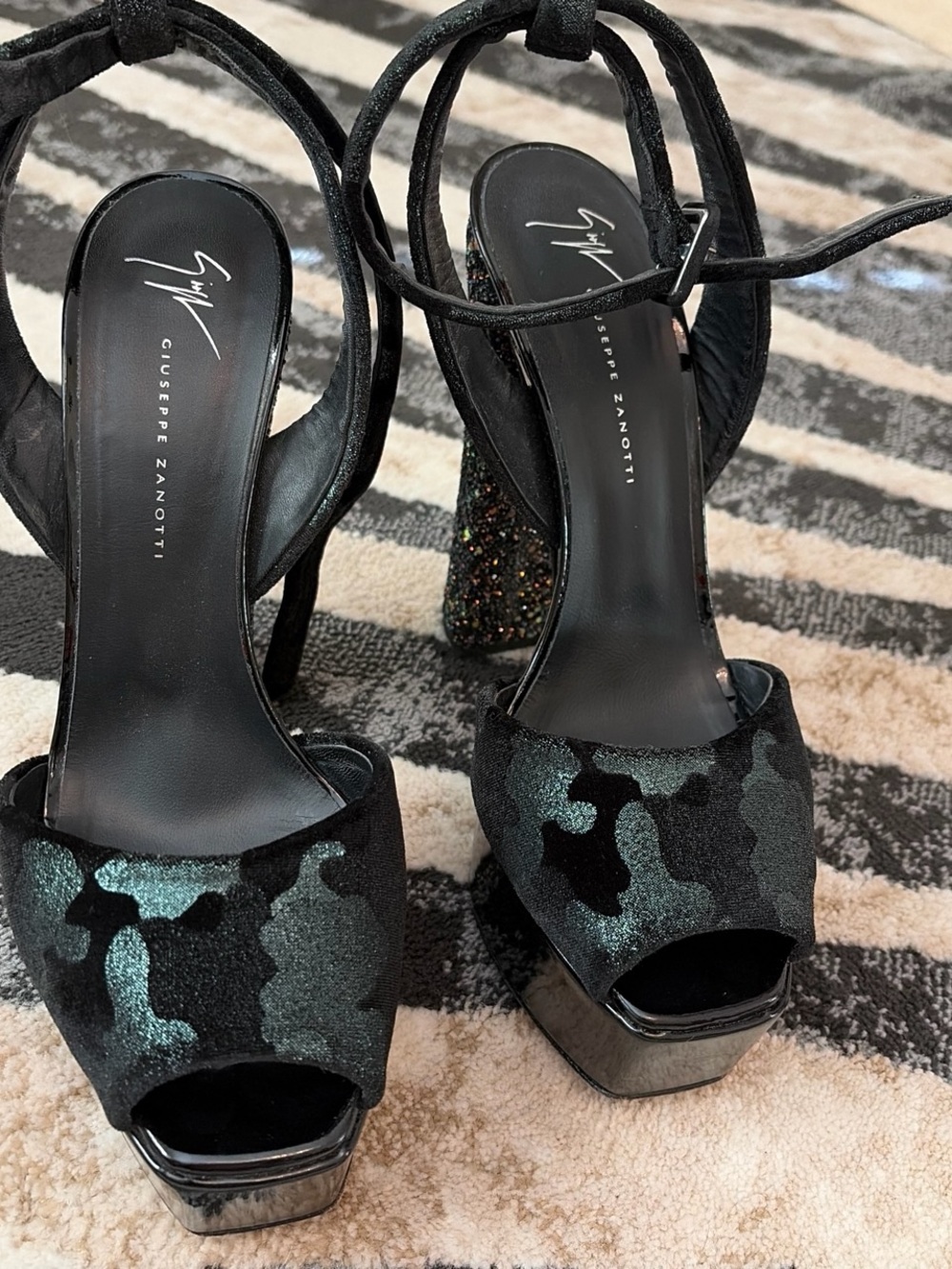 Giuseppe Zanotti Black & Teal Glitter Camo Platform Sandals